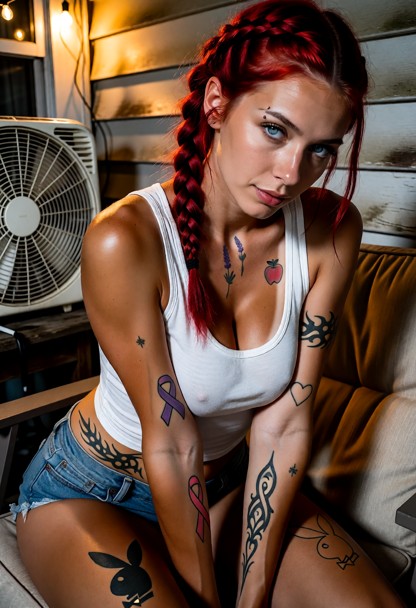 Location: humid South Georgia evening on a weathered porch with a rattling box fan, flickering string lights, and war…