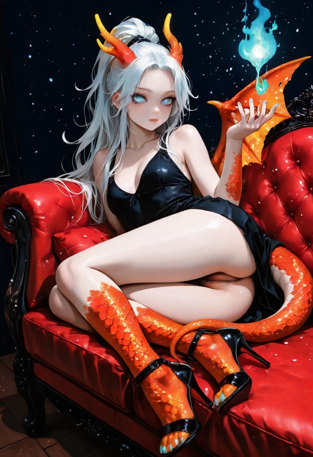 a woman in a black dress with a deep v-neck sits on a vibrant red velvet couch,her dark bobbed hair framing a face wi…
