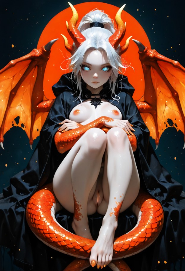 an enigmatic female figure in a black hooded cloak,pale face with an intense gaze,cradling a large patterned snake co…