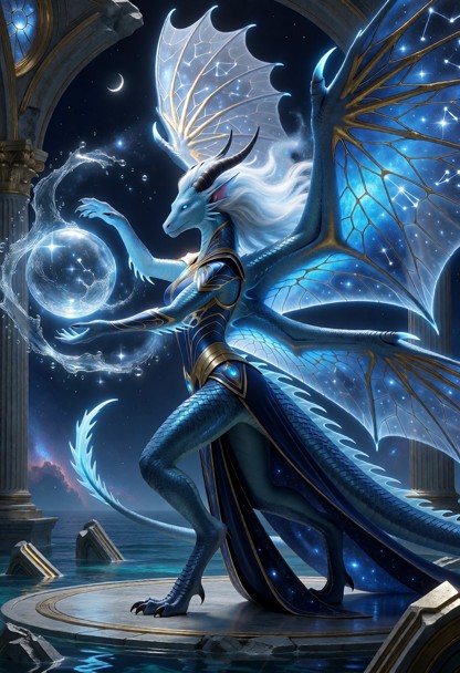 masterpiece fantasy illustration, Aurelith Veyra, adult female anthro celestial dragon oracle, Astral Tide Dragoness,…