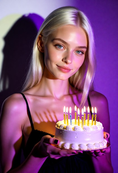 **Face and body description** Young woman with fair skin, long straight platinum-blonde hair, bright blue_eyes, and s…