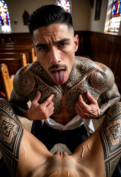 A solo adult man pulls his shirt open with both hands, revealing his bare chest as he looks toward the viewer with hi…