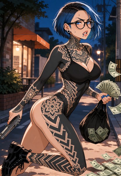 1 girl, running down street, handgun in one hand, bag of money in other hand, cash flying out, sweat on forehead, ang…