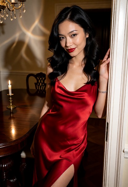 Location: elegant dimly lit dining room with a polished mahogany table reflecting the warm glow of a single scented c…