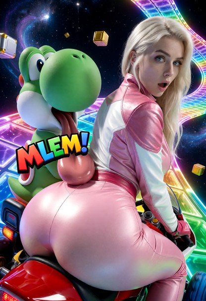 A dynamic action cosplay photograph on Mario Kart's Rainbow Road. In the foreground, a woman cosplaying as Princess P…