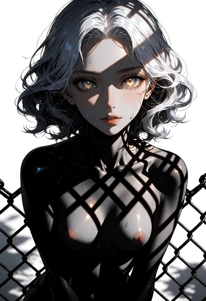striking black and white fine-art photography of a Serephina standing behind a chain-link fence. intense, harsh midda…