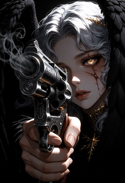 extreme close-up, point of view looking directly into the barrel of an oversized, heavy silver revolver held by a sca…