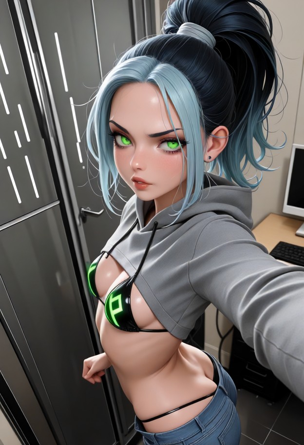 1girl,scowling,black hair,jeans,standing,hoodie,selfie closeup,office,laying on back,,bikini