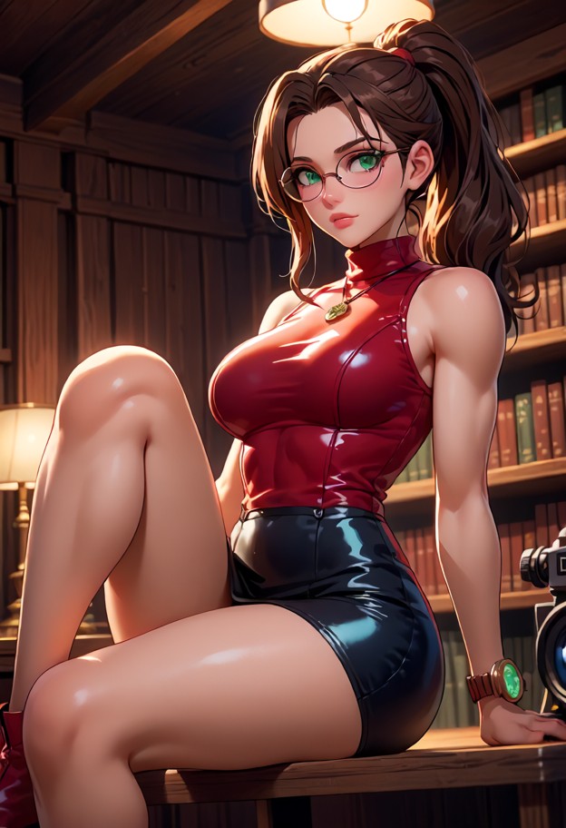 close-up portrait,moody lighting. the librarian is in a grand historic library with dark walls and wooden shelves. sh…