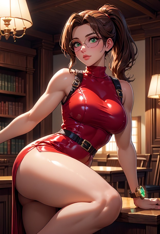 close-up portrait,moody lighting. the librarian is in a grand historic library with dark walls and wooden shelves. sh…