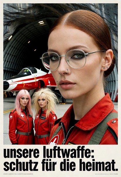 a 1970s vintage swiss military recruitment poster. two female pilots stand in the foreground wearing red flight suits…