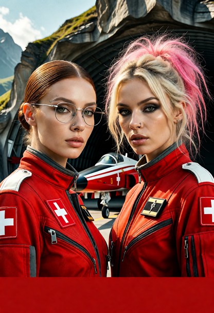 vintage swiss military recruitment poster style. a majestic composition featuring two female pilots in vibrant red pa…