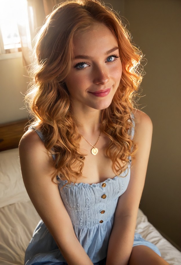 she is sitting on edge of bed,smiling,light blue summer sundress,cozy bedroom,white sheets,sunlight through curtains,…
