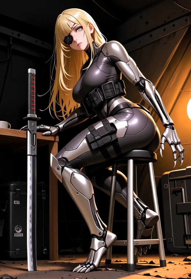 she is sits on a metal stool sharpening her blade,grey tactical vest,black cargo pants,dim military tent,metal crates…