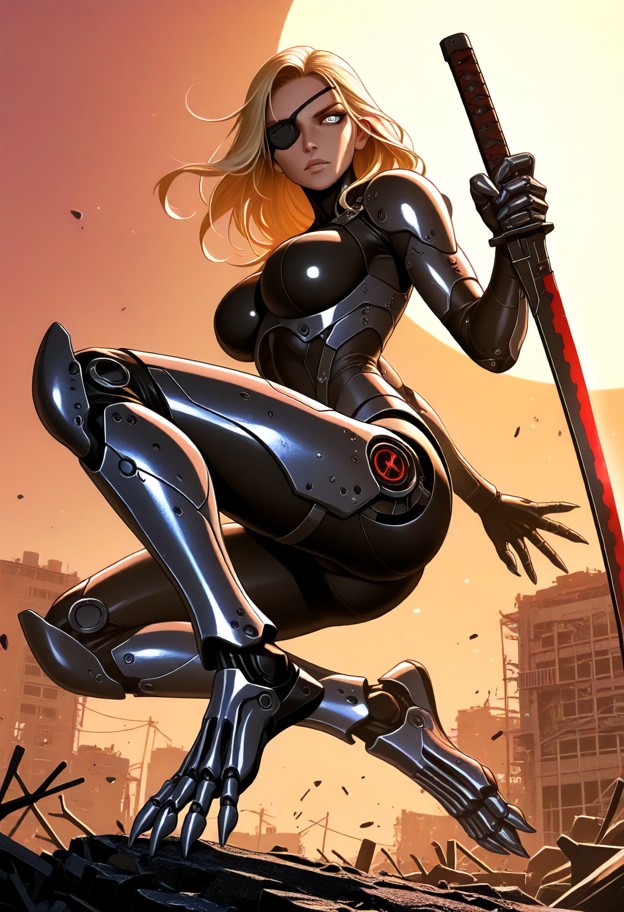 solo,1girl. swirling action shot,with cyborg ninja jumping through the air in action. swinging sword. katana. lower-f…