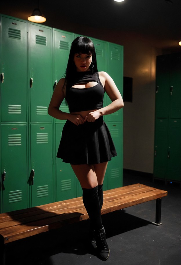 mitsou is dancing and shaking hips,black dress,tight top,dim gymnasium locker room,metallic lockers,wooden bench,flic…