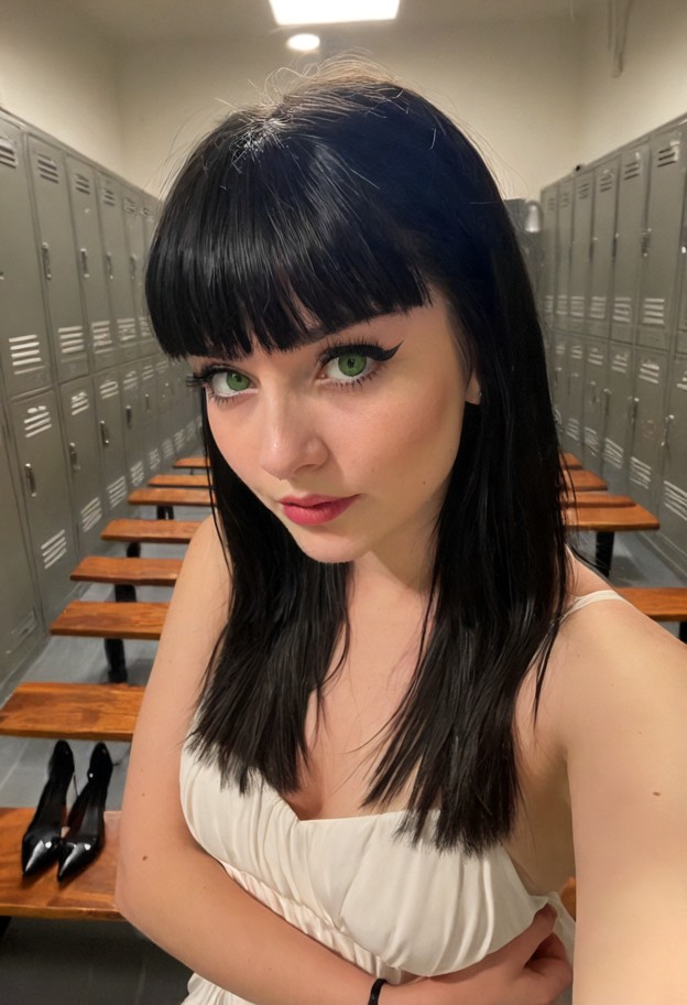 she is is standing near the lockers with arms crossed,angry,white silk dress,black high heels,gym locker room,metal l…