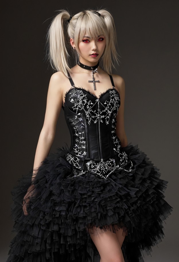 a full-body fashion photograph of a woman wearing an ultra-complex avant-garde gown. the dress features a massive layβ¦