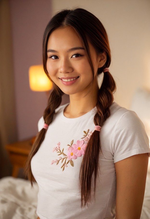 Portrait of a young asian girl with pigtails, brown eyes, and a soft, friendly smile; she wears a fitted white t-shir…