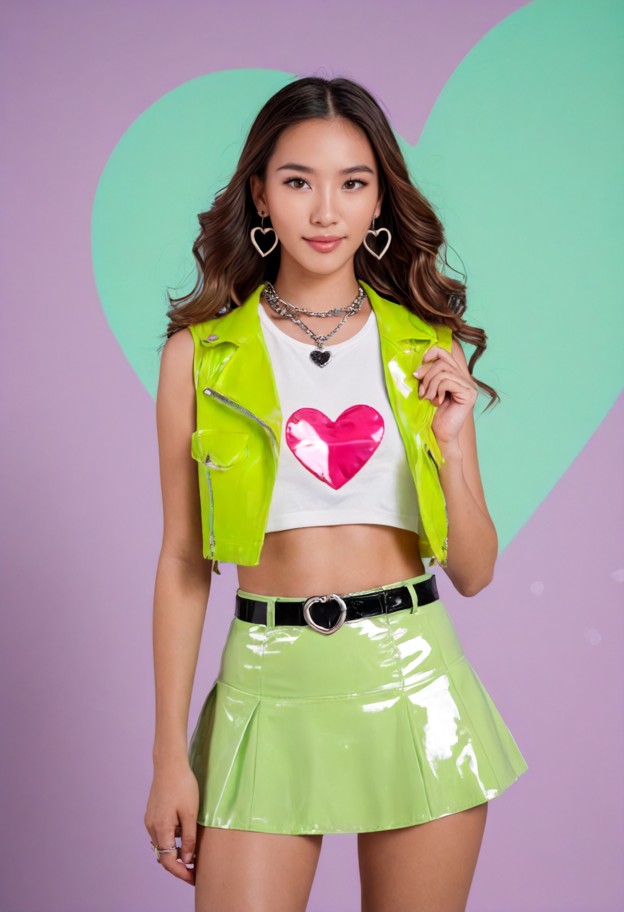 Portrait-oriented fashion editorial portrait of a young woman against a soft mint-green backdrop, three-quarter waist…