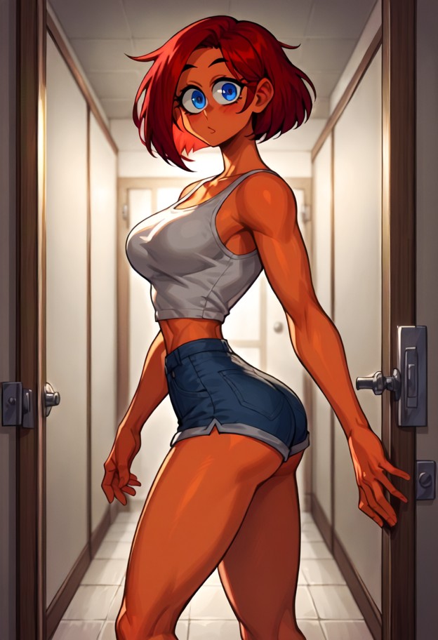 a she is standing in the doorway reaching out to touch viewer's chest,grey cotton tank top,black denim shorts,doorway…