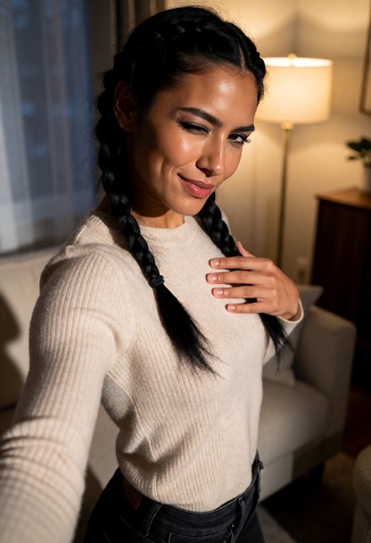 Location: a cozy living room during the evening, with warm ambient light from a nearby floor lamp casting soft shadow…