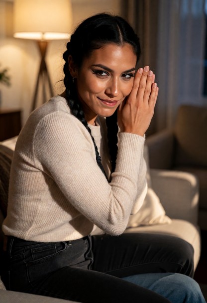 Location: a cozy living room during the evening, with warm ambient light from a nearby floor lamp casting soft shadow…
