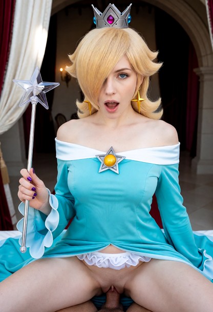 man pov, Princess Rosalina on top facing viewer, wearing floor-length turquoise off-the-shoulder gown with a wide whi…