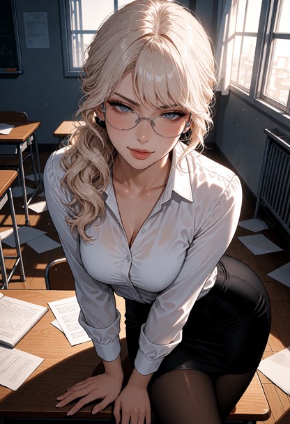 Location: a quiet afternoon in a classroom with wooden desks, scattered papers, and soft sunlight filtering through l…