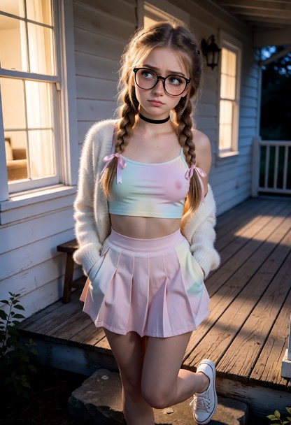 Location: evening on a wooden porch with soft twilight shadows and a warm glow from the interior windows casting ligh…
