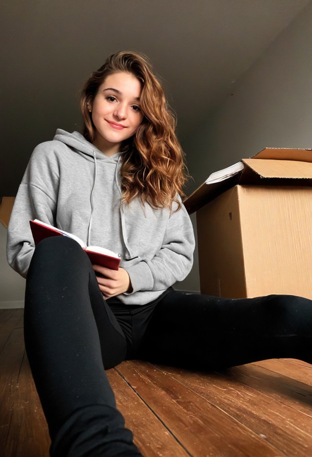 she is is sitting on the floor holding a journal,smiling,gray hoodie,black leggings,dusty attic,wooden floorboards,ol…