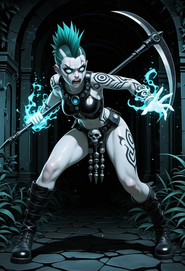 cinematic 90s dark fantasy action shot. raven sephtis,a human necromancer,performing a blood magic ritual in a misty,…