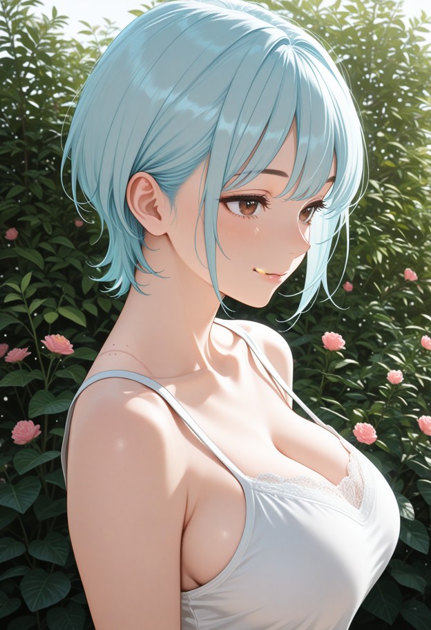 she is,solo,licking lips,happy,wearing sundress,garden,close up,soft lighting