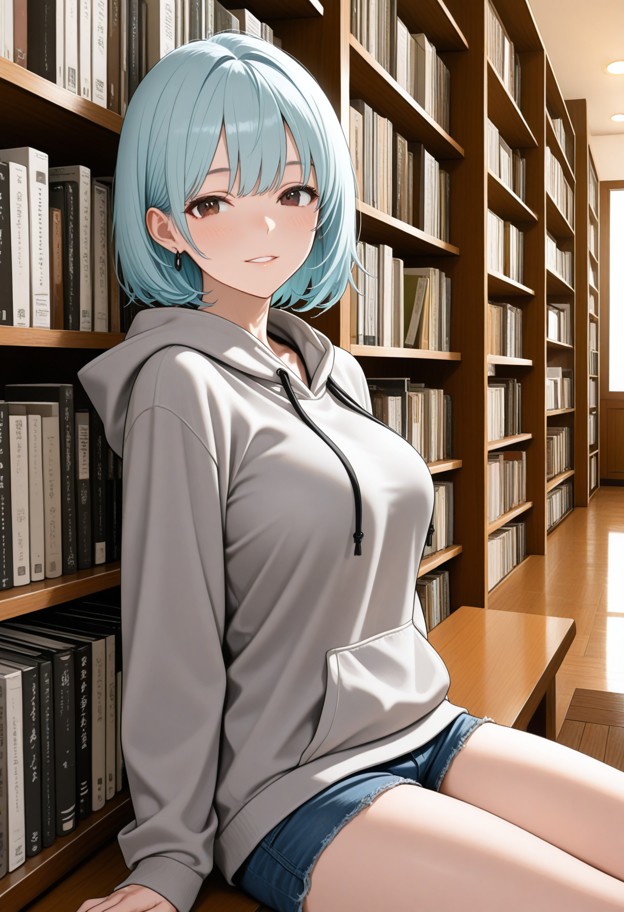 she is sitting at a wooden table in a library,biting her lip,predatory grin,grey oversized hoodie,denim shorts,univer…