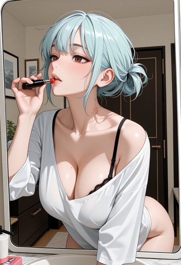 1girl,solo,white tshirt,loose shirt,oversized shirt,bra strap,applying_makeup,applying eyeliner,makeup,hair up,bedroo…