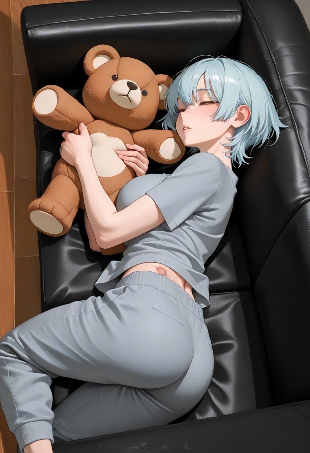 (she is is sleeping on the couch while clutching a teddy bear:1.8),oversized grey cotton t-shirt,grey cotton sweatpan…