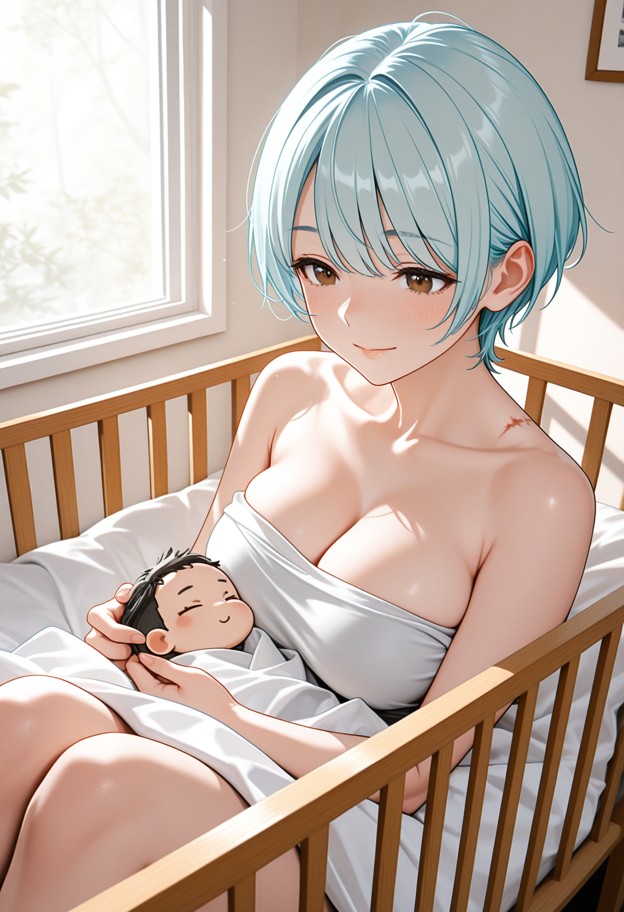 she is,sitting on edge of bed,looking at baby in crib,happy,facing viewer,naked,boobs,bedroom,white sheets,wooden bab…