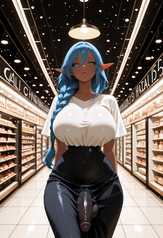 dark_elf,dark_skin,blue_hair,futa,absurdly_long_hair,gigantic_breasts_1:9,hyper penis,front view,full_body,very_wide_…