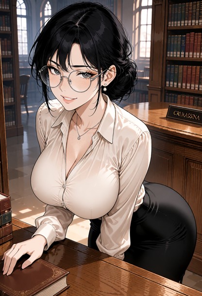 Location: late afternoon in a quiet library archive with tall wooden bookshelves, a polished oak circulation desk, an…