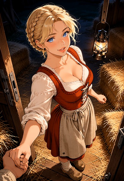 Location: inside a rustic barn at night, dimly lit by the warm, flickering glow of a handheld lantern that casts long…