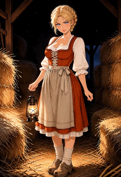 Location: inside a rustic barn at night, dimly lit by the warm, flickering glow of a handheld lantern that casts long…
