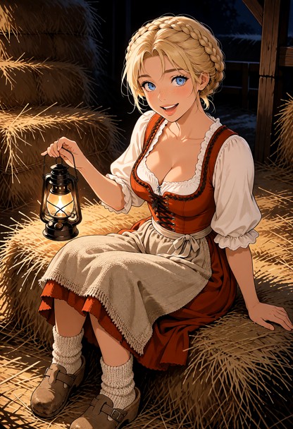Location: inside a rustic barn at night, dimly lit by the warm, flickering glow of a handheld lantern that casts long…