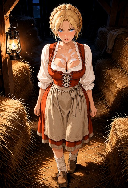Location: inside a rustic barn at night, dimly lit by the warm, flickering glow of a lantern that casts long shadows …