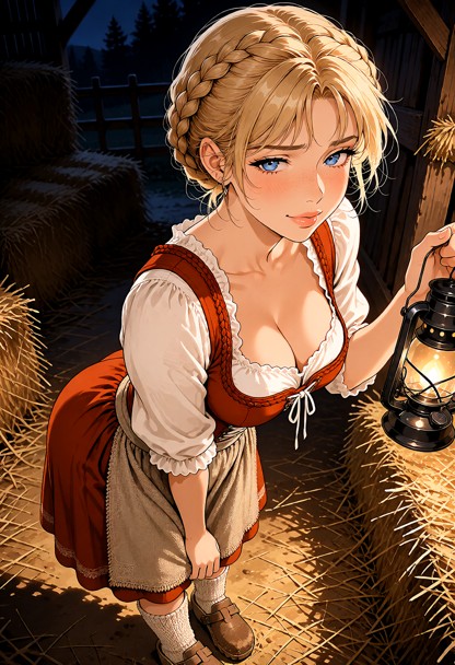 Location: inside a rustic barn at night, dimly lit by the warm, flickering glow of a handheld lantern that casts long…