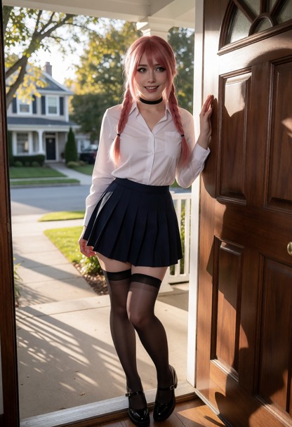 Location: a bright morning at the entrance of a suburban house, with soft sunlight filtering through the nearby trees…
