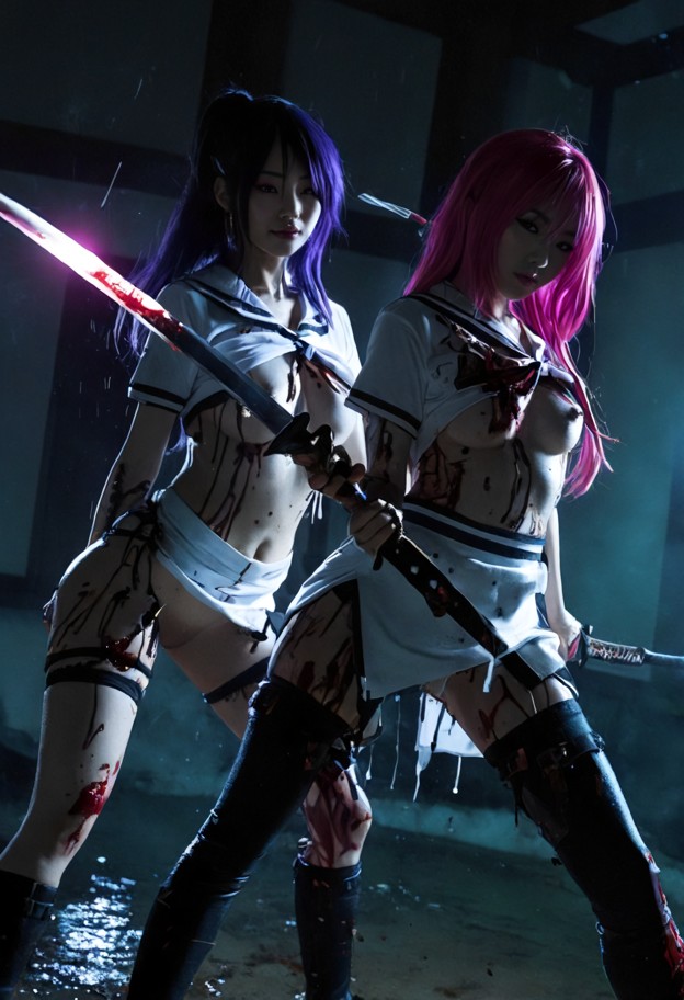 high-intensity action duo from highschool of the dead anime style. the
character is standing back-to-back with the l…