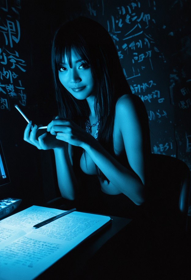 a pale young woman with messy black hair sitting in l's iconic crouching position on a chair. she has dark,heavy circ…