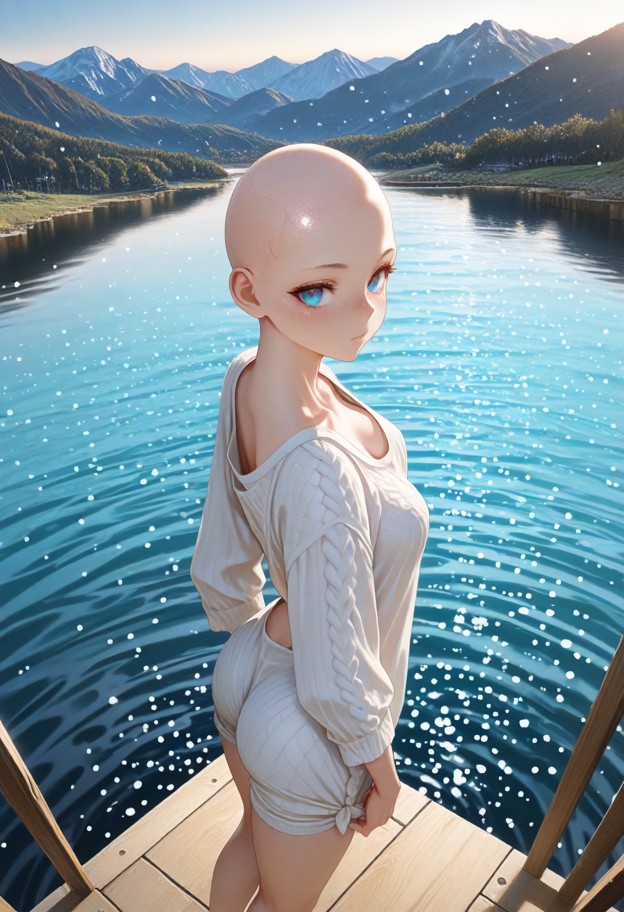 1girl,solo,(bald:2.5),standing,makeshift clothing,ass facing viewer,barefeet,lake,mountains in distance,natural light…