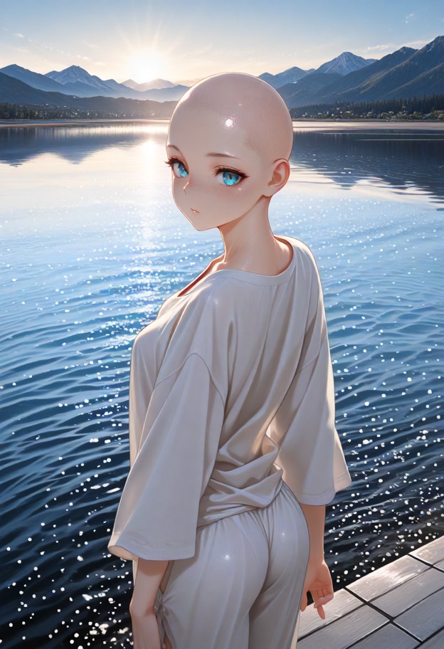 1girl,solo,(bald:2.5),standing,makeshift clothing,ass facing viewer,barefeet,lake,mountains in distance,natural light…