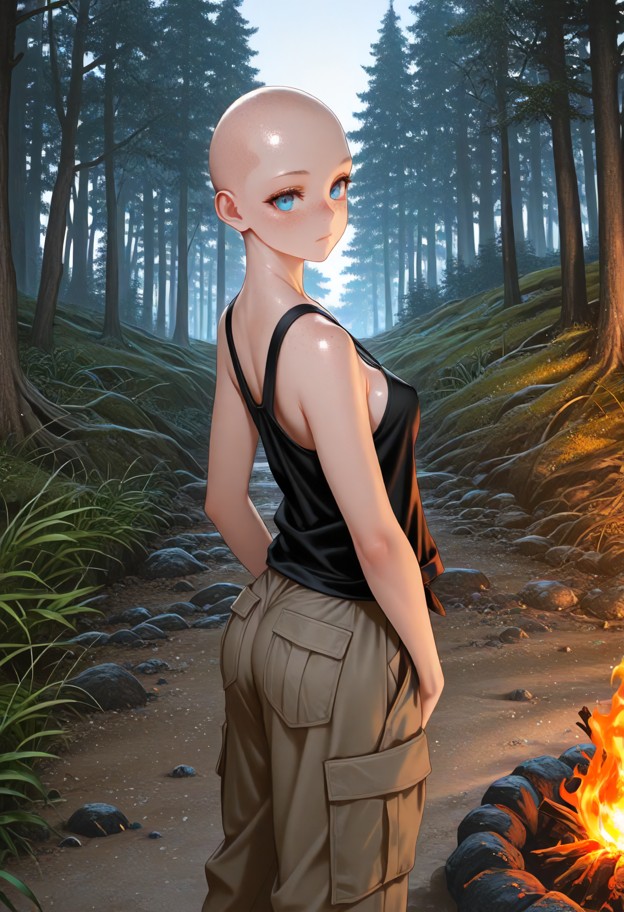 1girl,solo,(bald:2.5),underwear,matching underwear,standing,(fully clothed:2.1),topless,(oversized cargo pants:1.7),p…